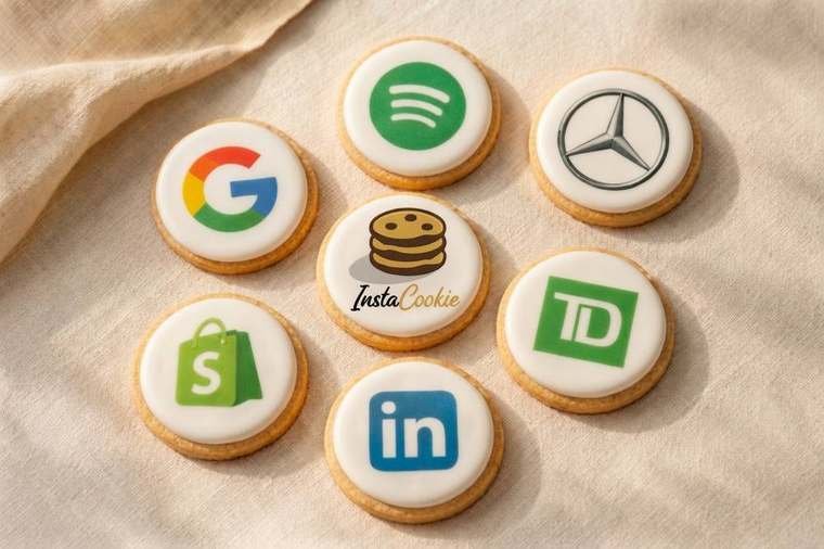 Printed cookies with Google, Spotify, Mercedes-Benz, Shopify, LinkedIn and TD logos